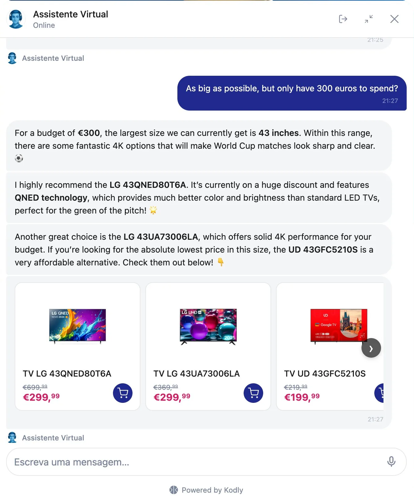 Kodly Agent Platform — Radio Popular personal shopper in action